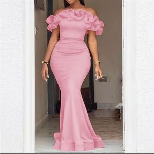 Off Shoulder Ruffles Mermaid Party Dinner Elegant Evening Pink Maxi Dress size M